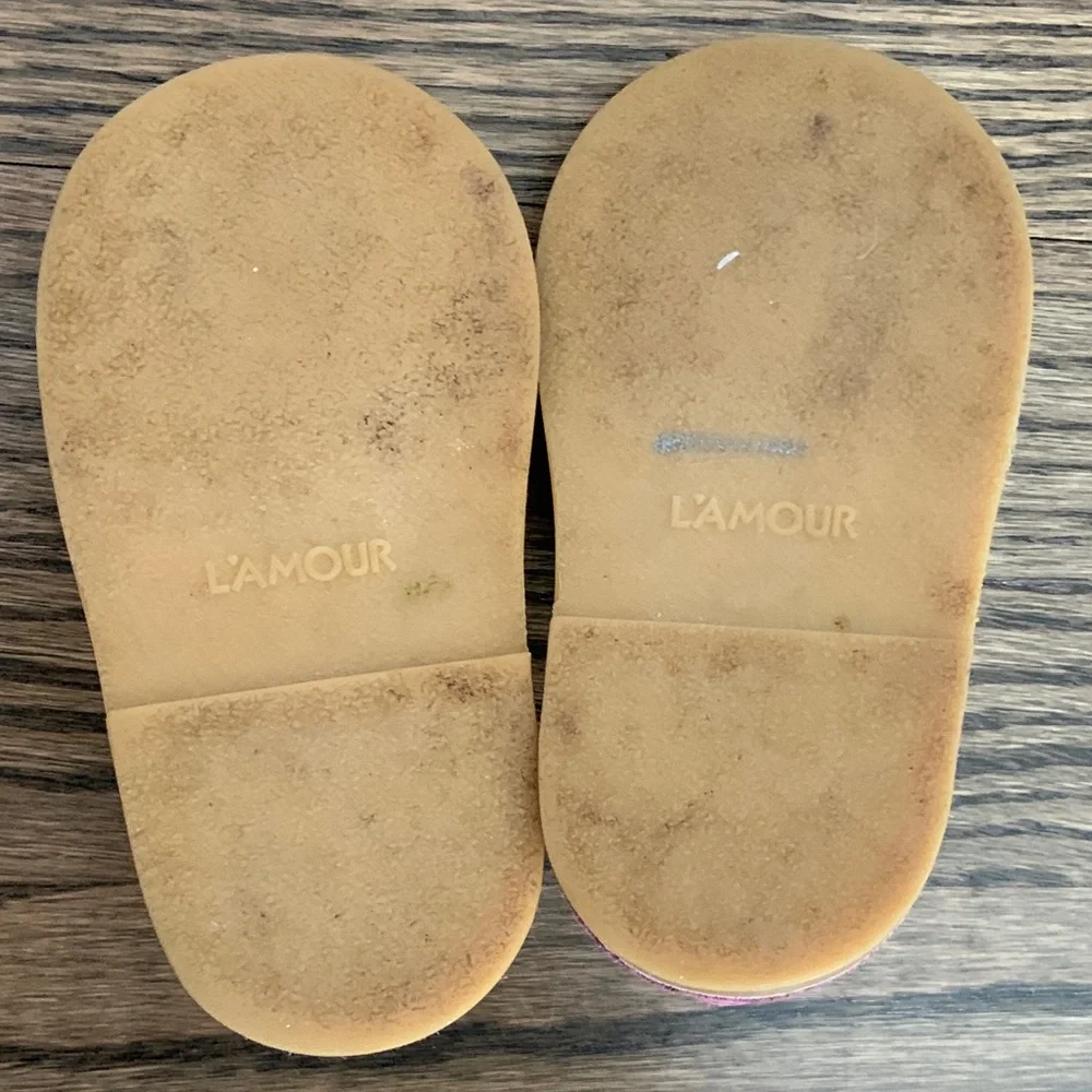 L’Amour Children's Tan Suede Mary Jane Shoes with Purple & Yellow Flowers